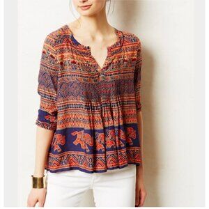 Anthropologie Vanessa Virginia Mahdia Pleated Elephant Peasant Blouse